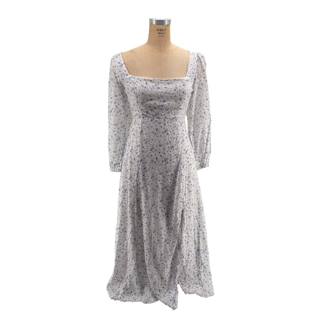 ASTR the Label Blue White Ditsy Floral Linen Midi Dress Open Back ACDR101177